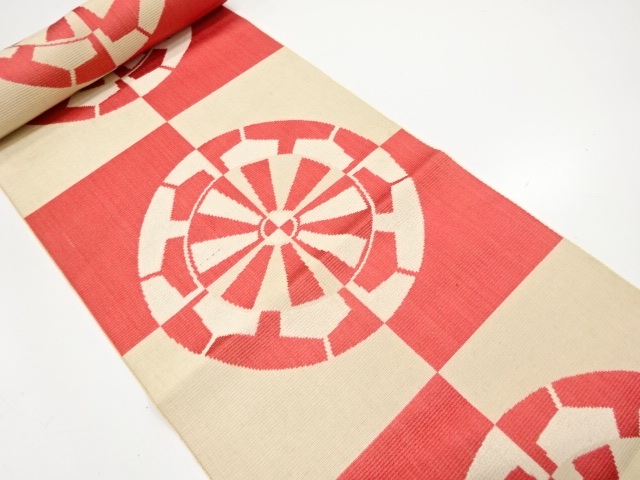 アンティーク　源氏車に市松模様織り出し　八寸帯地反物